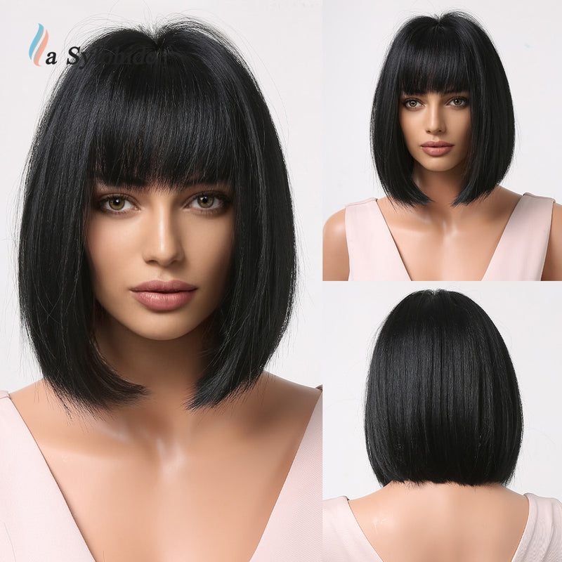 Peruca com Franja Natural Woman Wigs Daily Party Lolita Curto Perucas Cabelo Resistente ao Calor