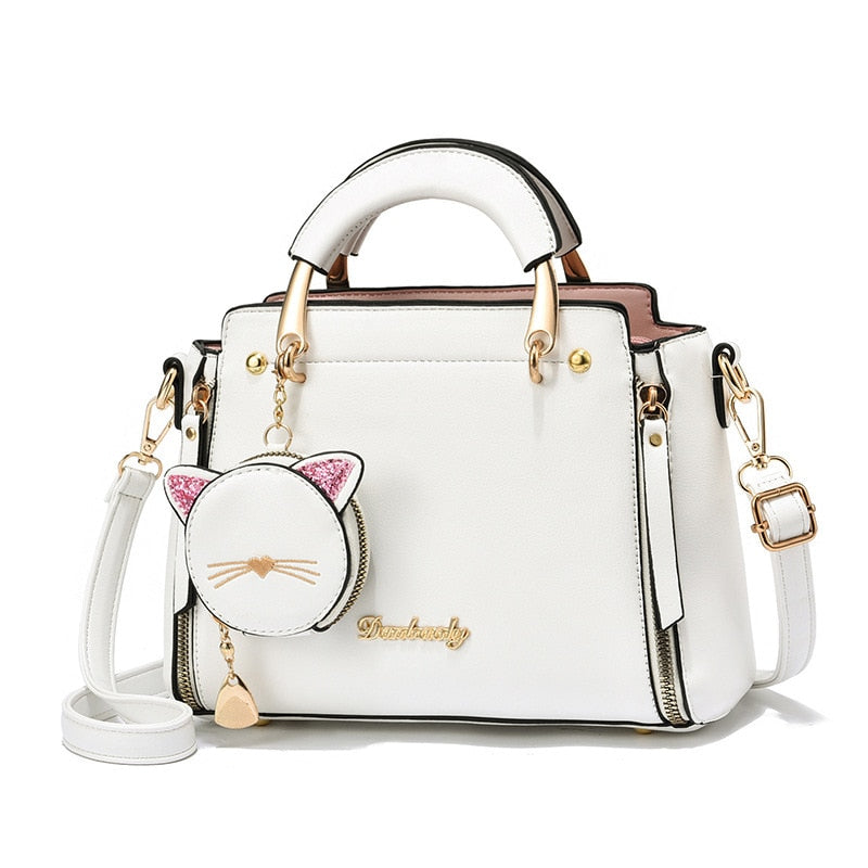 Bolsa Lateral Feminina 2023 Novo Couro Pu Cute Cat Totes Design Ladies Shoulder Purse &amp; Bolsa Sweet White Shoulder