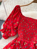 Vestido Feminino Moda Romântica Estampado Floral Dividido Longo Vestido de Verão Manga Puff