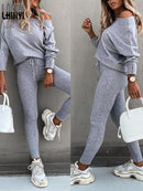 Conjuntos femininos malha duas peças sexy suéter com decote em O calças agasalho inverno magro roupas femininas, Outono casual ternos sólidos quentes