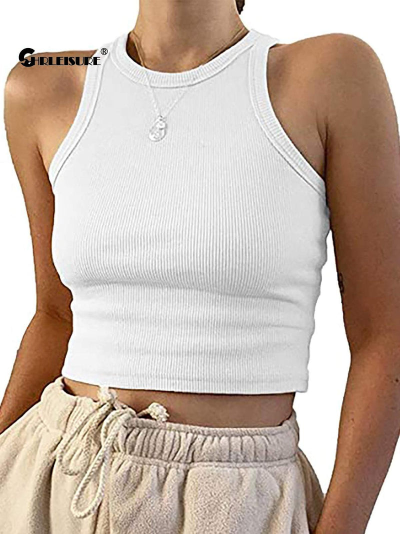 Crop Top Feminino Regata Esportiva Atletica Sem Costura Streetwear Elástico Rib-Malha Sem Manga Colete Yoga Camiseta Elástica Apertada para Academia