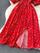 Vestido Feminino Moda Romântica Estampado Floral Dividido Longo Vestido de Verão Manga Puff