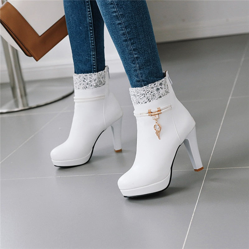 Sapatos de mulher de salto alto moda renda design princesa plataforma festa casamento sapatos femininos branco preto botas de tornozelo inverno