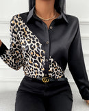 Moda Primavera Leopardo Patchwork Camisa Casual Blusa Feminina Botão de Manga Longa Camisas Femininas Love Print Office Top Femme