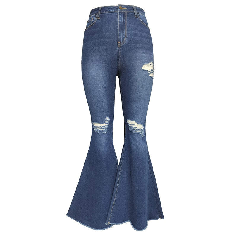 Calça flare retrô streetwear nova calça jeans casual azul escuro boca de sino jeans Moda feminina jeans cintura alta mom rasgada