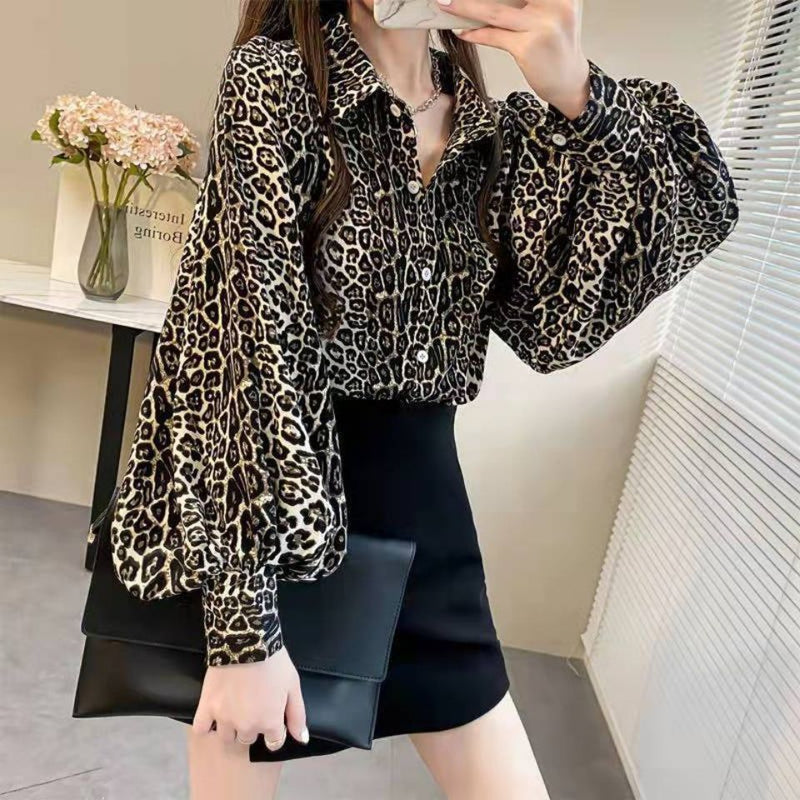 Top feminino estampado leopardo solto primavera outono 2023 novo gola dobrável lanterna manga comprida camisas moda coreana elegante