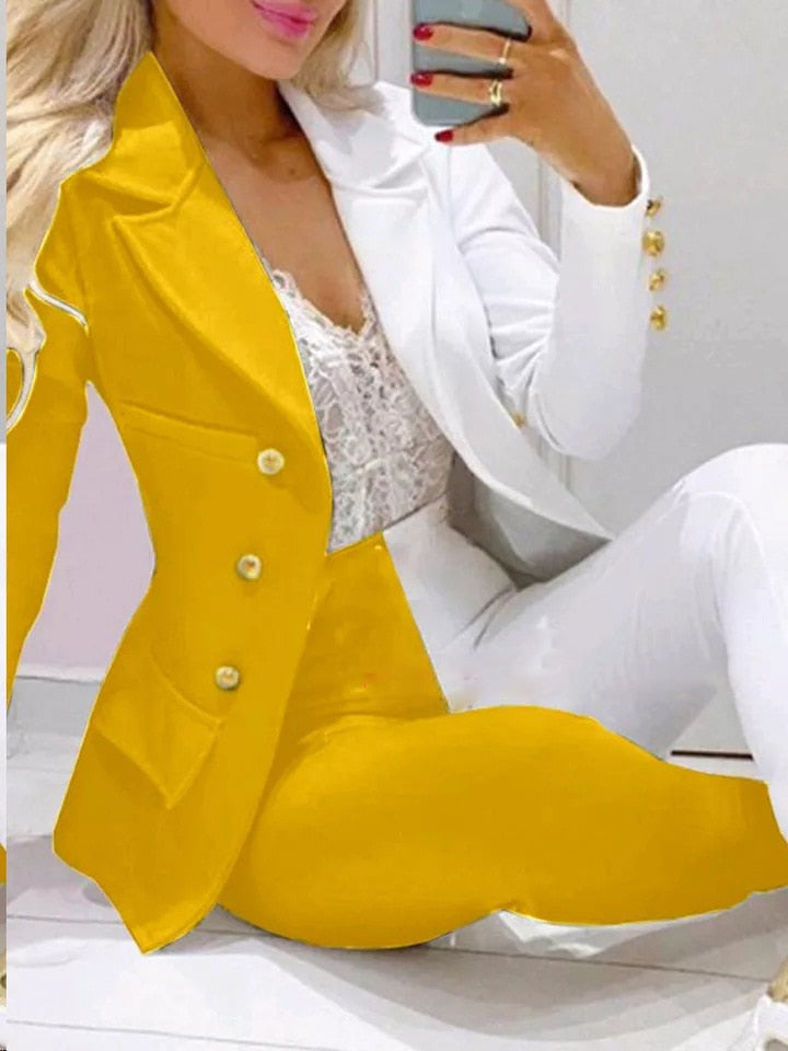 Blazer com estampa Botvotee e calça conjunto de 2 peças para mulheres elegantes Ins 2023 primavera outono nova roupa de escritório roupa de escritório