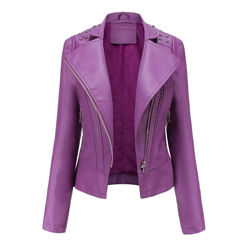 Jaqueta de couro rebite feminina motocicleta moto biker jaqueta com zíper senhoras rosa preto roxo casaco feminino moda primavera outono