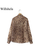 Camisa Feminina Vintage Chiffon Estampada Leopardo Gola com Lapela Manga Comprida Abotoamento Único Casual Chique Camisa Feminina Feminina Top