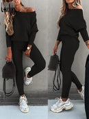 Conjuntos femininos malha duas peças sexy suéter com decote em O calças agasalho inverno magro roupas femininas, Outono casual ternos sólidos quentes