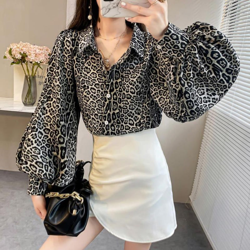 Top feminino estampado leopardo solto primavera outono 2023 novo gola dobrável lanterna manga comprida camisas moda coreana elegante