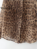 Camisa Feminina Vintage Chiffon Estampada Leopardo Gola com Lapela Manga Comprida Abotoamento Único Casual Chique Camisa Feminina Feminina Top