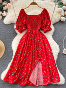 Vestido Feminino Moda Romântica Estampado Floral Dividido Longo Vestido de Verão Manga Puff