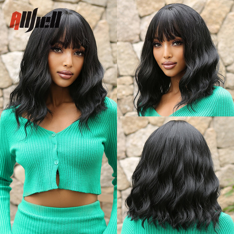 Peruca curta sintética bob com franja peruca de cabelo ondulado marrom dourado natural para mulheres negras resistente ao calor cosplay peruca feminina diária