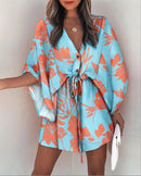 Vestido Boho de Verão Feminino Casual Estampado Flora Manga Batwing Vestido com Cadarço Sexy Decote em V Solto Senhoras Praia Minivestido Vestido