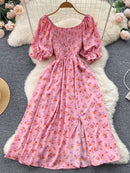 Vestido Feminino Moda Romântica Estampado Floral Dividido Longo Vestido de Verão Manga Puff