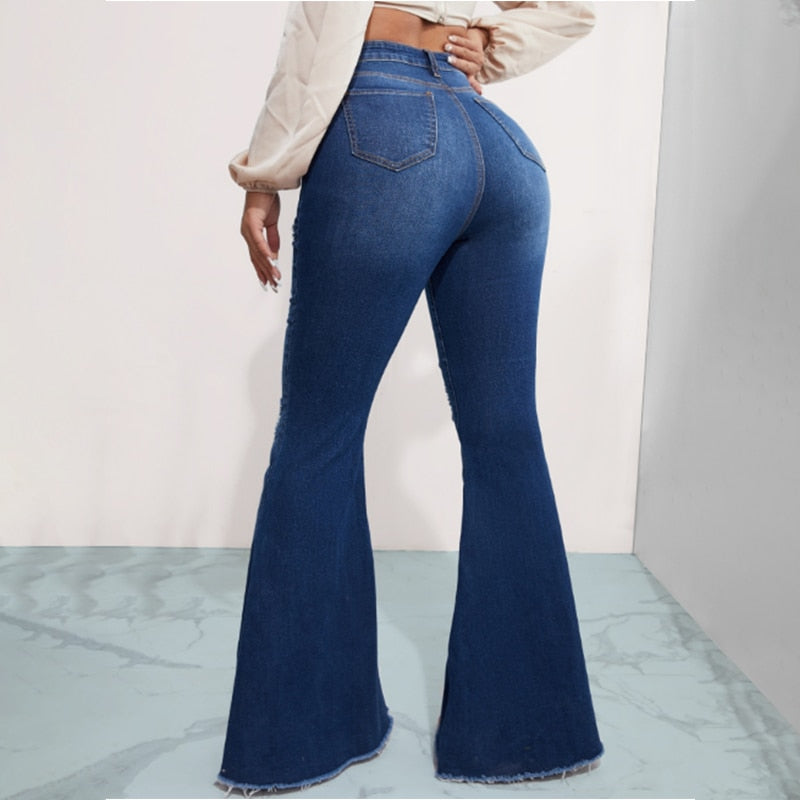 Calça flare retrô streetwear nova calça jeans casual azul escuro boca de sino jeans Moda feminina jeans cintura alta mom rasgada