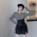 Minissaia Sexy Club Cintura Alta Fenda Lace Up Saias Lápis Gótico Punk Fashion Sólido Saias Finas Novo MEXZT Feminina Couro Pu