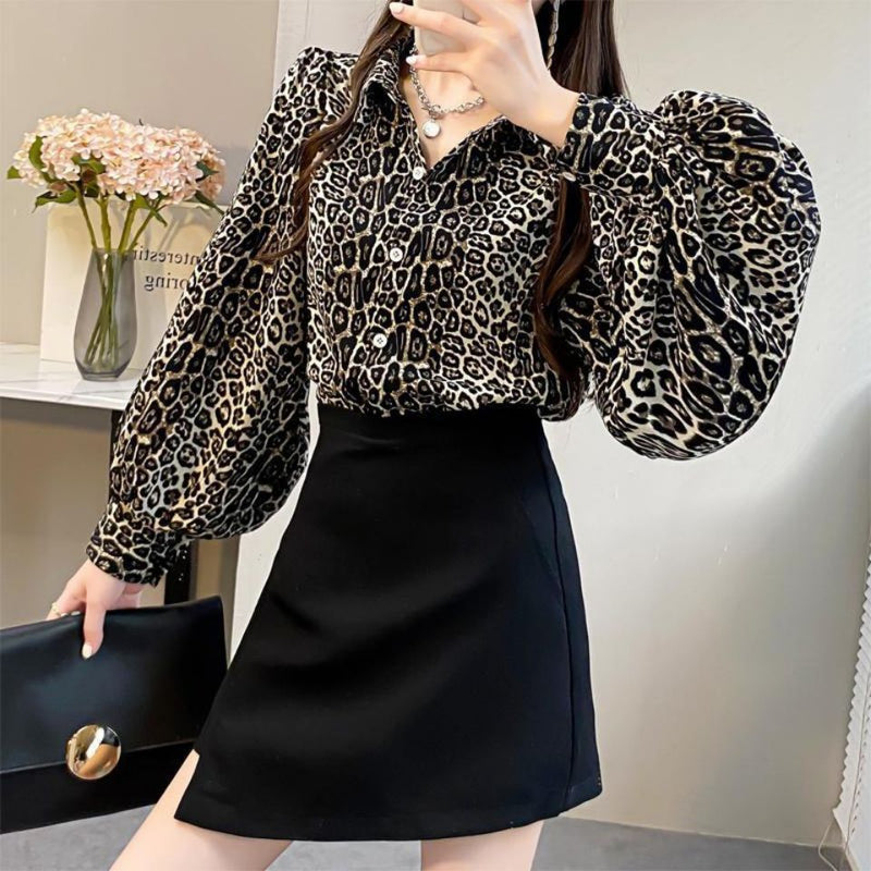 Top feminino estampado leopardo solto primavera outono 2023 novo gola dobrável lanterna manga comprida camisas moda coreana elegante