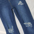 Calça flare retrô streetwear nova calça jeans casual azul escuro boca de sino jeans Moda feminina jeans cintura alta mom rasgada