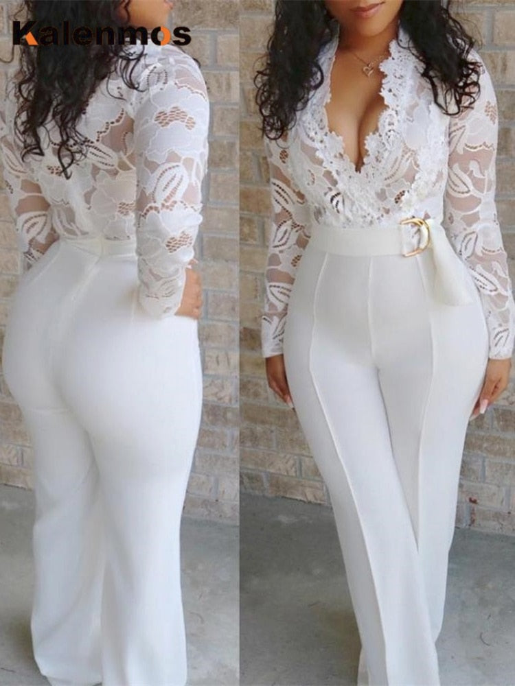 Macacão Feminino Outono Macacão Branco Festa Macacão de Renda Body Manga Longa Decote em V Calça Longa Y2K Elegante Roupas de Primavera Trabalho