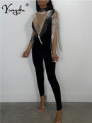 Macacão sexy com borla preta e strass feminino bodycon trajes de clube rave para festas de aniversário macacões body em geral