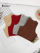 Crop Top Feminino Regata Esportiva Atletica Sem Costura Streetwear Elástico Rib-Malha Sem Manga Colete Yoga Camiseta Elástica Apertada para Academia