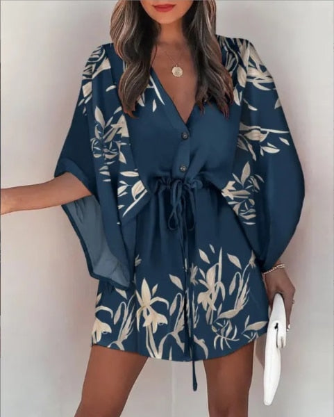 Vestido Boho de Verão Feminino Casual Estampado Flora Manga Batwing Vestido com Cadarço Sexy Decote em V Solto Senhoras Praia Minivestido Vestido