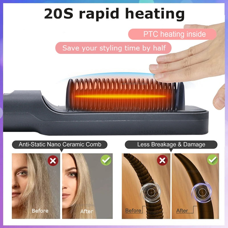 Escova de alisamento de cabelo pente de aquecimento rápido ferro modelador pente elétrico com visor LCD pente multifuncional