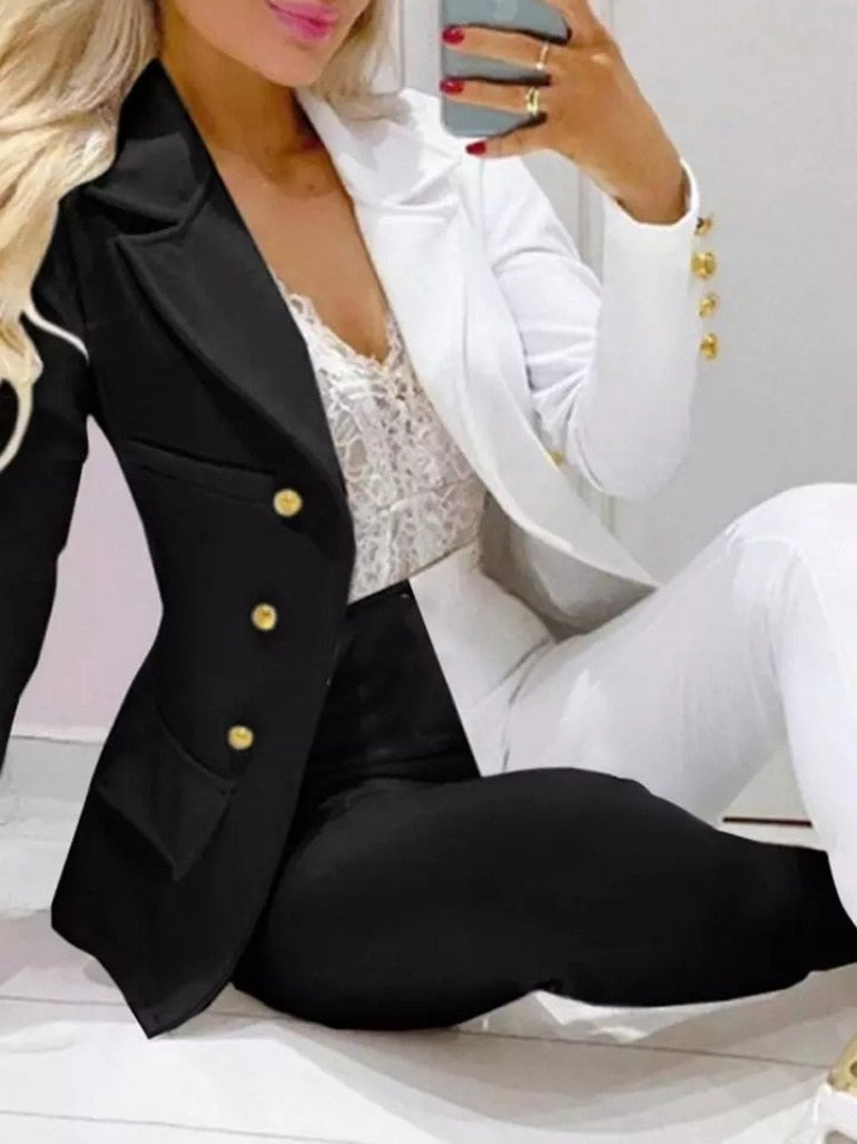 Blazer com estampa Botvotee e calça conjunto de 2 peças para mulheres elegantes Ins 2023 primavera outono nova roupa de escritório roupa de escritório