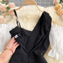 Macacão FTLZZ Novo Verão Irregular Feminino Design Contraste Manga Puff Slim Macacão Shorts Cintura Alta Macacão Perna Larga