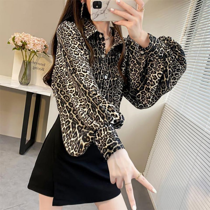 Top feminino estampado leopardo solto primavera outono 2023 novo gola dobrável lanterna manga comprida camisas moda coreana elegante