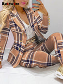 Blazer com estampa Botvotee e calça conjunto de 2 peças para mulheres elegantes Ins 2023 primavera outono nova roupa de escritório roupa de escritório