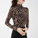Moda fina feminina gola alta leopardo estampado tops outono inverno velo manga longa vintage casual t-shirt roupas femininas
