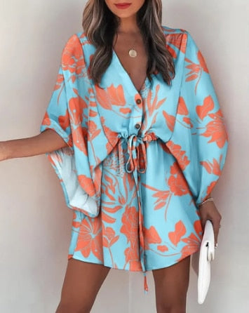 Vestido Boho de Verão Feminino Casual Estampado Flora Manga Batwing Vestido com Cadarço Sexy Decote em V Solto Senhoras Praia Minivestido Vestido