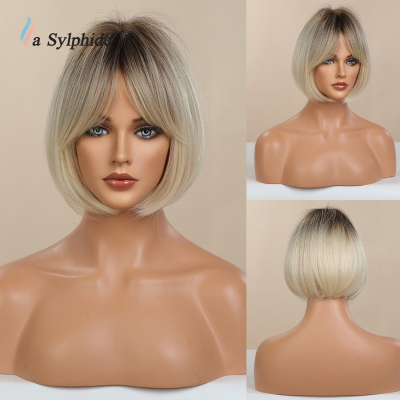 Peruca com Franja Natural Woman Wigs Daily Party Lolita Curto Perucas Cabelo Resistente ao Calor