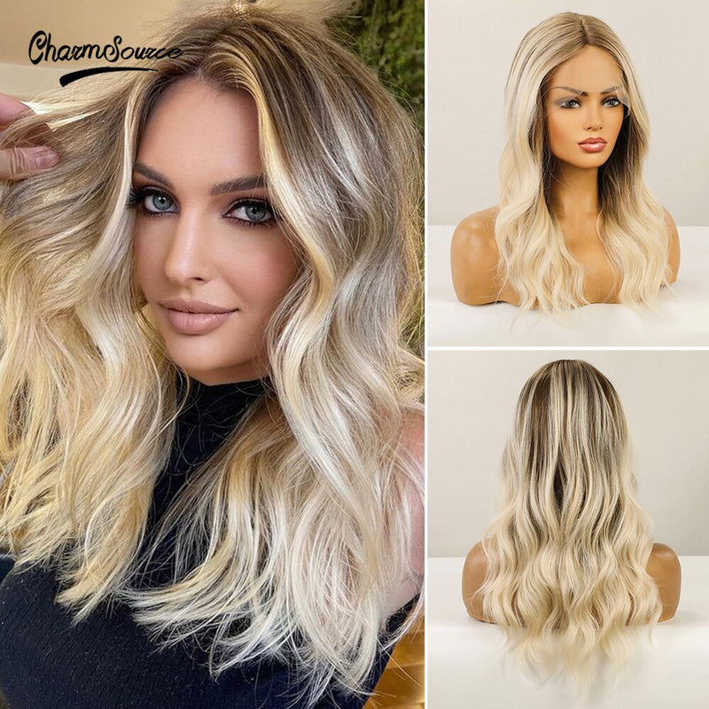 Cabelo Loiro Corpo Ondulado Front Lace Perucas Sintético para Branco Preto Mulheres Uso Diário Peruca de Alta Densidade CharmSource Long Brown Ombré