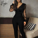 Macacão feminino de malha com decote em V plissado cintura alta de renda transparente macacão manga bufante macacão feminino de escritório fino outono