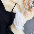 Macacão FTLZZ Novo Verão Irregular Feminino Design Contraste Manga Puff Slim Macacão Shorts Cintura Alta Macacão Perna Larga