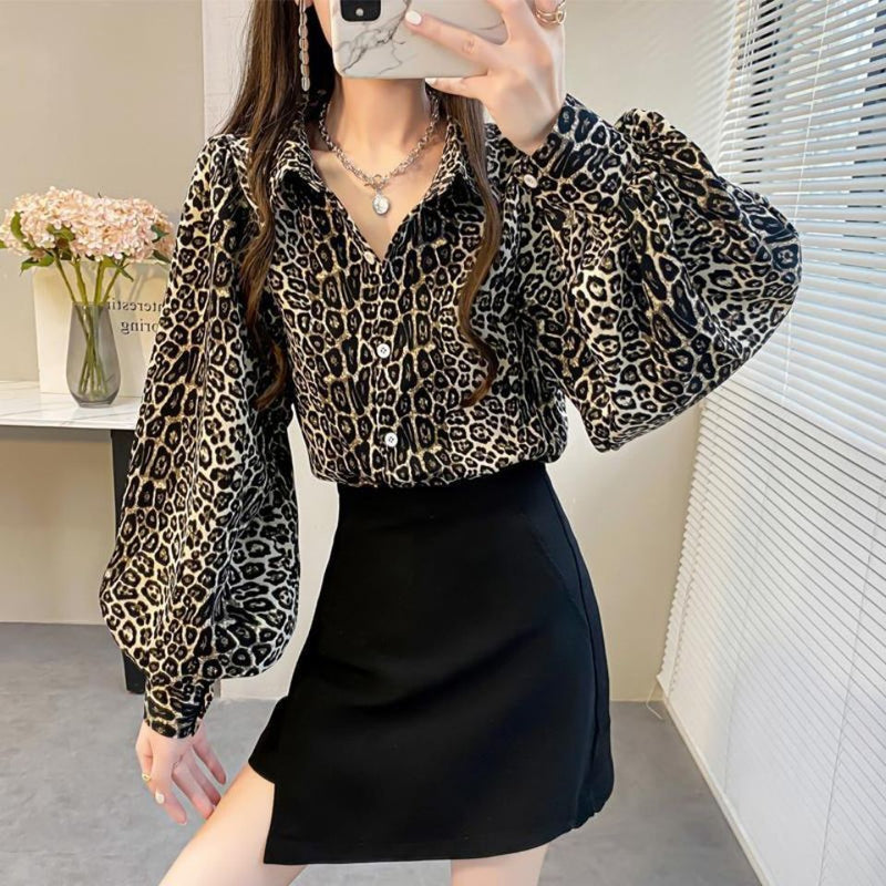 Top feminino estampado leopardo solto primavera outono 2023 novo gola dobrável lanterna manga comprida camisas moda coreana elegante