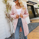 Cardigã de Malha com Capuz Estilo Simples Feminino Casual Manga Longa Camisola Casaco Solto Longo Tops Mulher Corda Torcida Bolso Streetwear