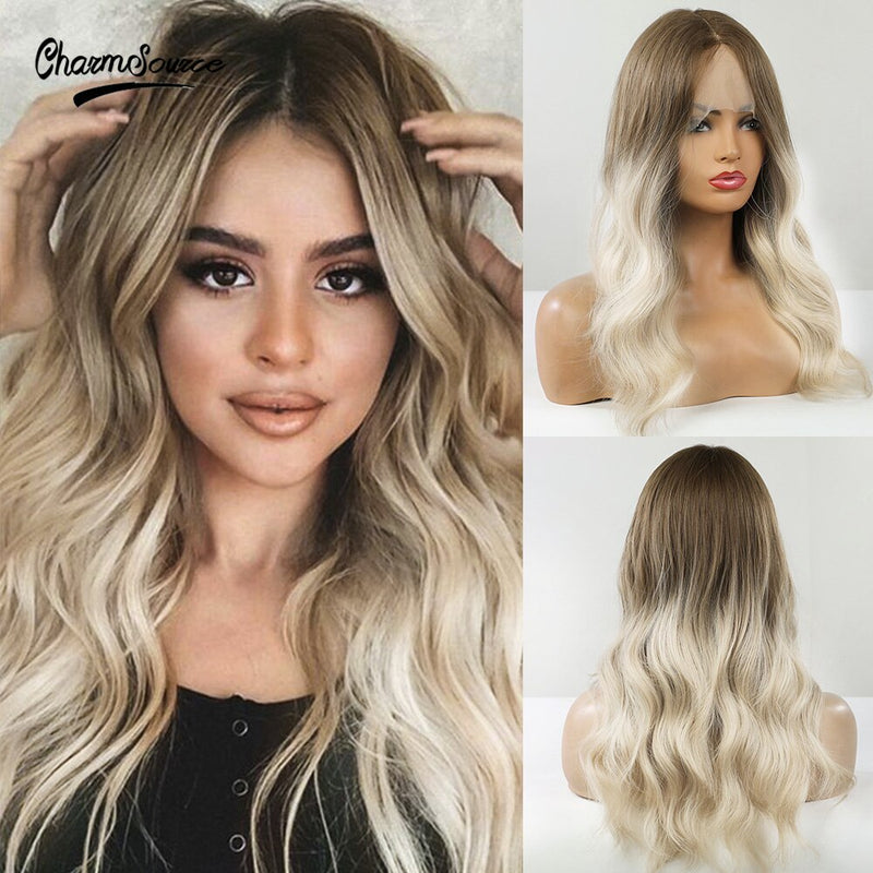 Cabelo Loiro Corpo Ondulado Front Lace Perucas Sintético para Branco Preto Mulheres Uso Diário Peruca de Alta Densidade CharmSource Long Brown Ombré