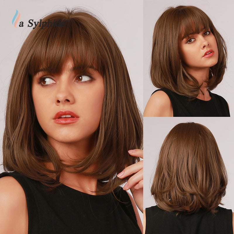 Peruca com Franja Natural Woman Wigs Daily Party Lolita Curto Perucas Cabelo Resistente ao Calor