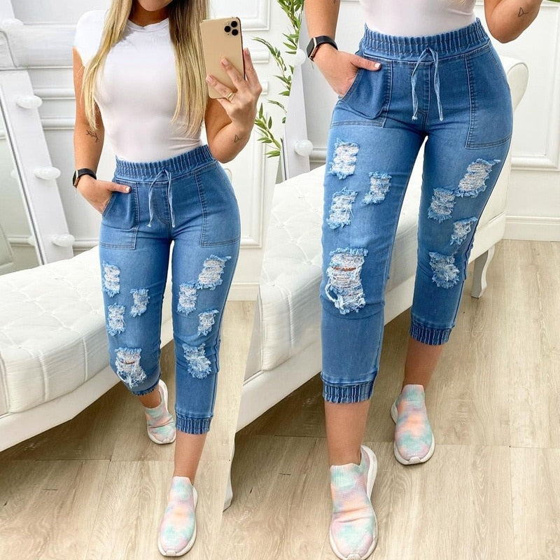 Calça jeans skinny cor sólida casual cintura elástica com bolso rasgado jeans skinny